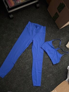 Vuori Royal Blue Athletic Leggings and Strappy Sports Bra Set